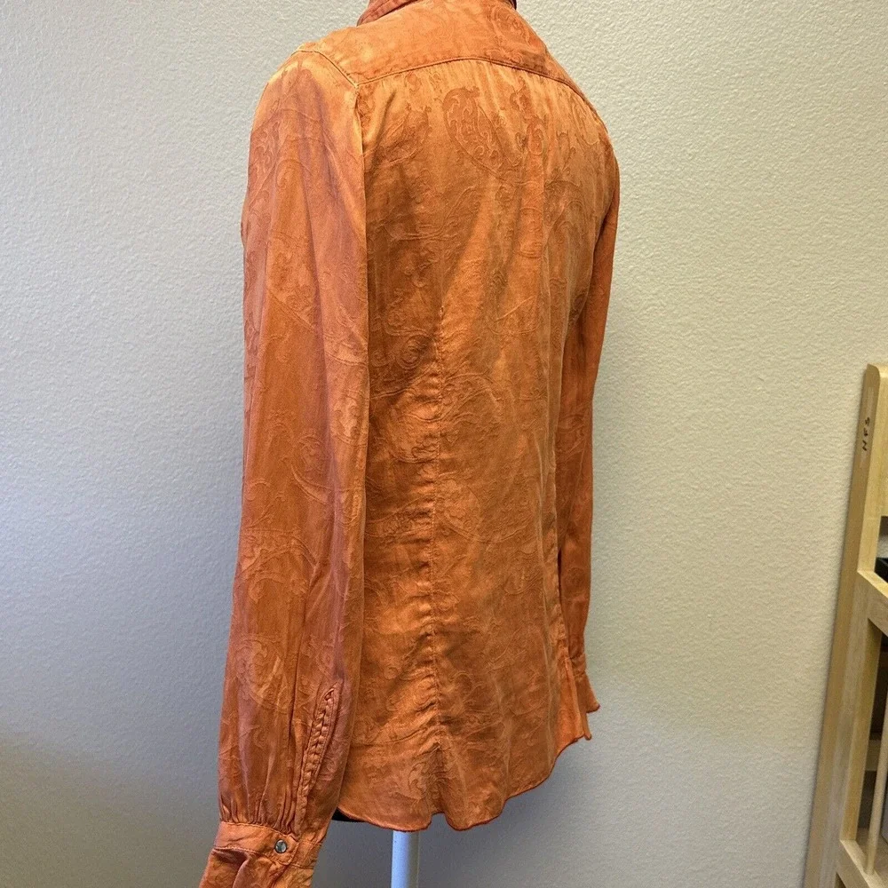 Ryan Michael Small Western Silk Cotton Orange Long Sleeve Ruffle Blouse Top - Picture 5 of 13